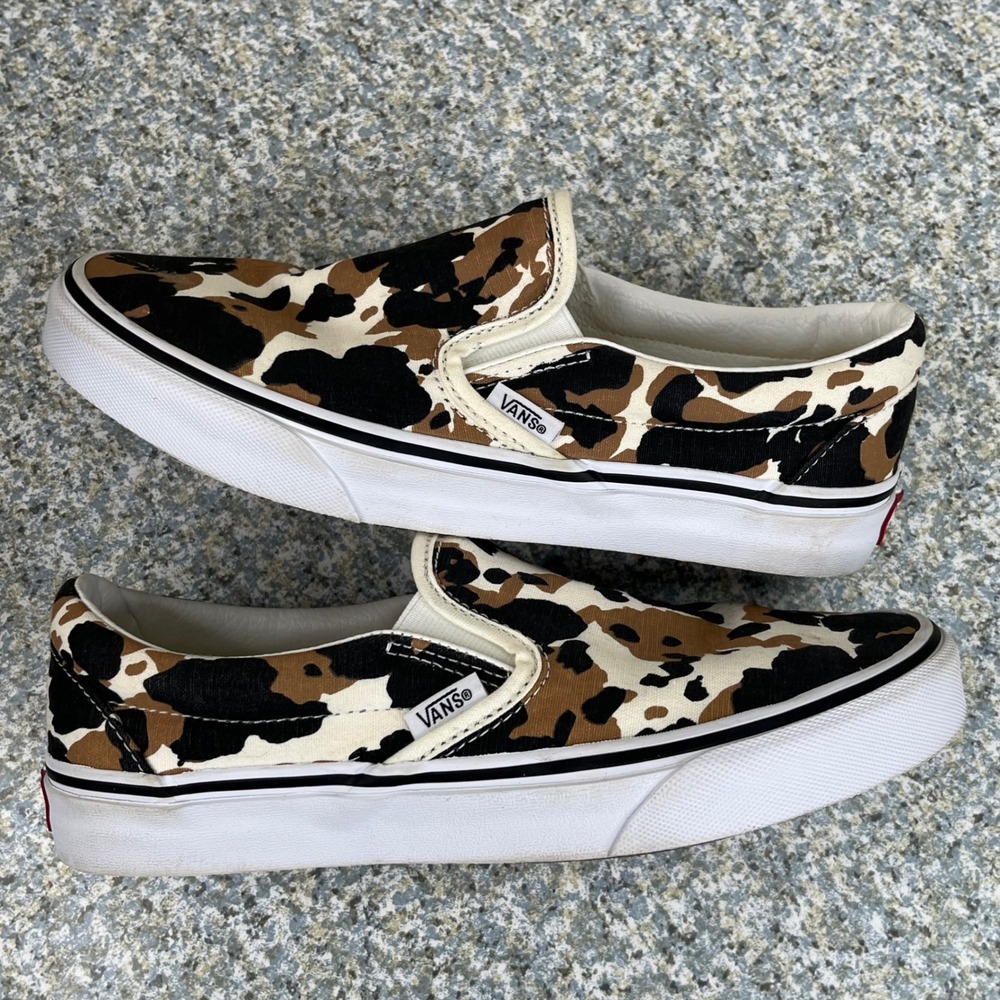 Vans Slip On Shoes Mens 6 Womens 7.5 Brown Cow Print Canvas Animal Sneakers - Picture 9 of 13